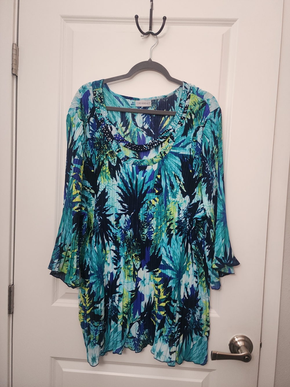 Catherines Blue Teal Floral Pleated Scoop-Neck Tunic